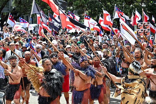 Demonstranten tragen die traditionelle Kleidung der indigenen Bevölkerung und präsentieren die Maori-Flagge, - © Mark Tantrum/AP