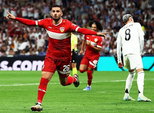 Deniz Undav bejubelt den Ausgleich für den VfB Stuttgart in der Champions League bei Real Madrid. - © Jan Woitas/dpa