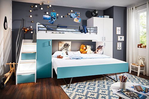 Raum für Freunde: Aus dem Kinderzimmer-Hochbett von Möbel Rudolf entstehen durch die Unterschiebliege zusätzliche Schlafplätze. - © Möbel Rudolf/VDM/dpa-tmn