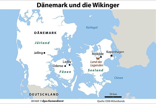 Wer Dänemark auf den Spuren der Wikinger erkunden will, kann in Jeling starten. Odense, Ladby, Roskilde und der Freiland-Erlebnispark «Land der Legenden» sind weitere lohnenswerte Orte - alles liegt nur wenige Stunden Autofahrt beieinander. - © dpa-infografik/dpa-tmn