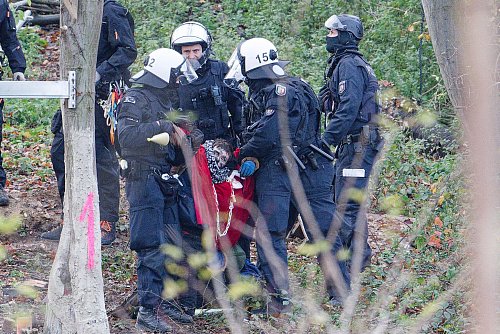 Polizisten tragen einen Aktivisten aus dem sogenannten Sündenwäldchen. (Archivbild) - © Henning Kaiser/dpa