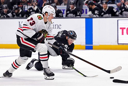 Reichel legte mit seinem Pass den Treffer zum 2:2 auf und ermöglichte den Comeback-Sieg der Chicago Blackhawks. - © Ryan Sun/AP/dpa