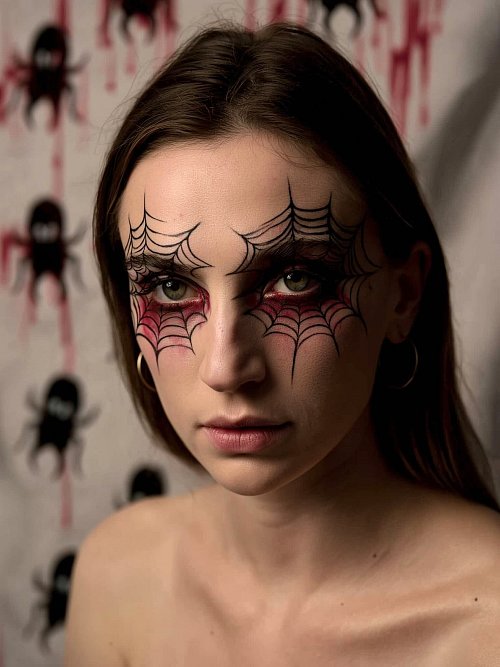 Mit einem schwarzen Eyeliner werden dünne Linien rund um die Augen gezogen, sodass ein Spinnennetz entsteht. - © Lukas Wythe/dpa-tmn