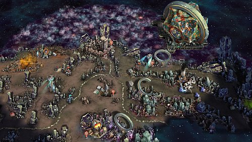 Zeitlos schön und wuselig: Die Karte voller Gegner, Ressourcen und Boni-Gebäude. - © Oxymoron Games