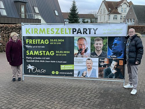 Kerstin und Matthias Wiltmann, Gastronomen des Biergartens Oase, laden zur großen Kirmeszeltparty ein. Drei DJs und zwei Livesänger werden dabei sein. - © Tasja Klusmeyer