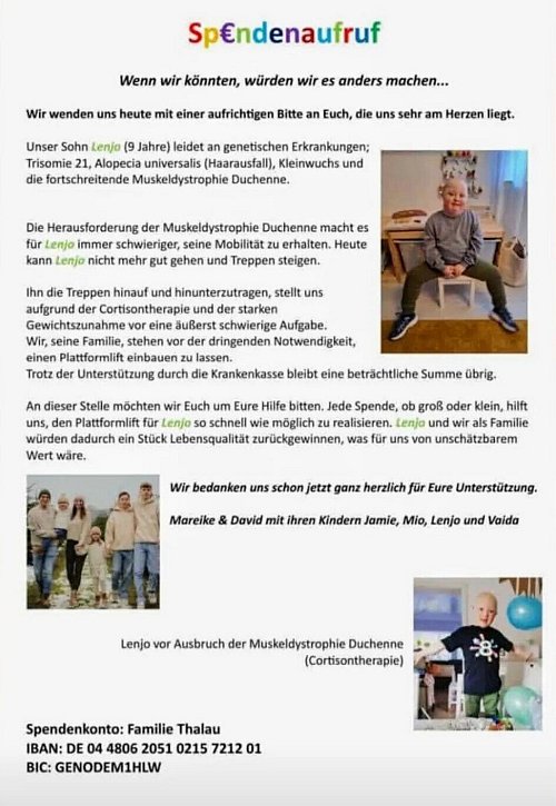 Mit diesem Spendenaufruf bittet Familie Thalau um Hilfe. Das Spendenkonto ist unten in Fettschrift vermerkt. - © David Thalau
