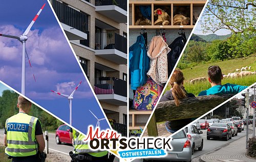 Wie lebt es sich in meinem Ort? Unter anderem gibt es Fragen zu den Themen Sicherheit, Bildung, Freizeit, Verkehr, Klima und Wohnen. - © NW, Collage: Thomas Löhrig