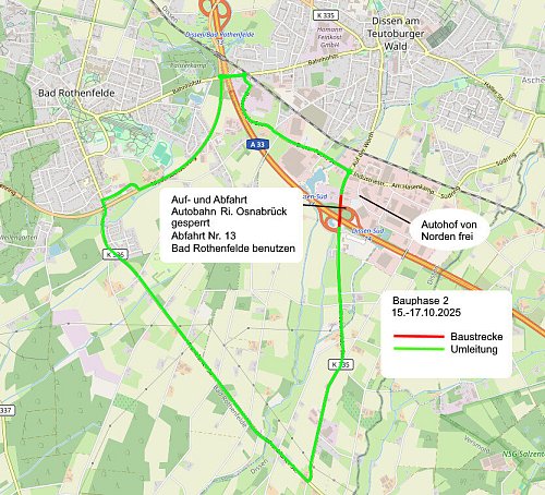 Besonders Bauphase 2 wird den Verkehr, der von Versmold oder Dissen kommend auf die A33 Richtung Osnabrück möchte, treffen. - © Landkreis Osnabrück