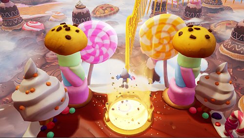 Die Träume in "Die Schlümpfe – Abenteuer im Traumland" passen thematisch zu ihren Besitzern. In Tortis Träumen hüpfen wir durch Gebäcklevel. - © Microids