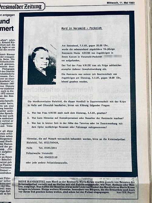 Mit Handzetteln ruft die Polizei im Mai 1983 die Menschen in Peckeloh und Umgebung zur Mithilfe im Mordfall Kruse auf. - © Repro Nicole Donath