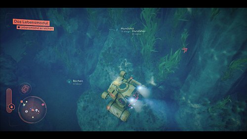 Um unser U-Boot herum schwimmen ein Rochen und zwei Hundshaie, unten links auf der Karte, die wir natürlich auch vergrößern können, sehen wir die nähere Umgebung und unsere Ziele. - © Quantic Dream