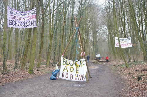 Auf weißen Laken verkünden die Baumbesetzer ihre Blockade gegen die Rodung des Storck-Waldes. - © Ekkehard Hufendiek