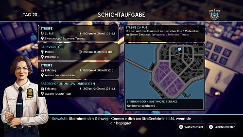 Pro Schicht gibt es vier Schichtaufgaben, aus denen wir wählen können. Das Problem ist, dass sich die in dieser Übersicht wiederholen. Erst auf den Straßen entwickelt sich daraus eine Mischung, die mal richtig gut ist – und mal ziemlich repetitiv und langweilig. - © Fallen Tree Games