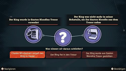 Wir zeigen hier nur einen Ausschnitt der Mindmap-Mechanik, um keine Ermittlungsergebnisse zu verraten. Wir erleben hier eine überzeugende Art von Ermittlerarbeit, die in weiteren Kapiteln durchaus komplexer ist als in diesem Beispiel. - © Microids